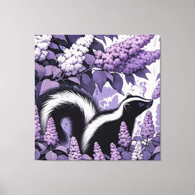 Skunk Skunks och Lilac Bush Lila Canvastryck (Framsida)