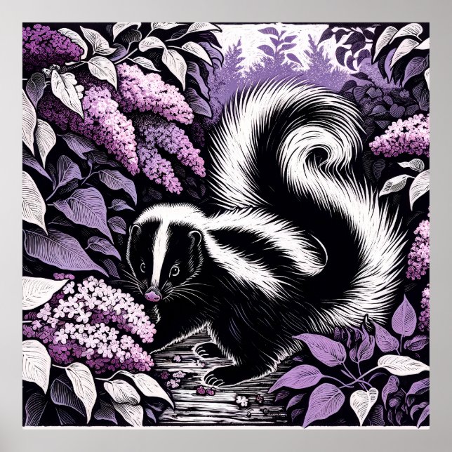 Skunk Skunks och Lilac Bush Lila Poster (Framsidan)