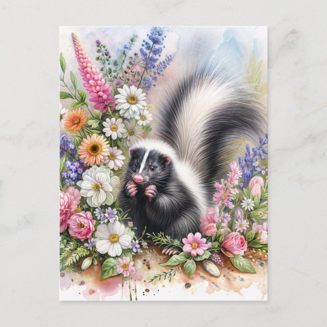 Skunk Vilda Blommor Akvarell Konst Vykort (Framsida)