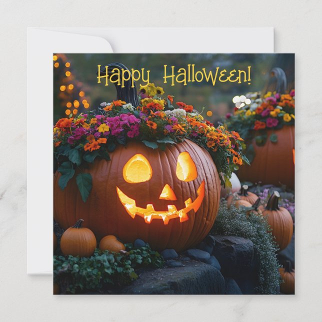 Skurna halloweenpumpor dekorerade med blommor julkort (Framsida)