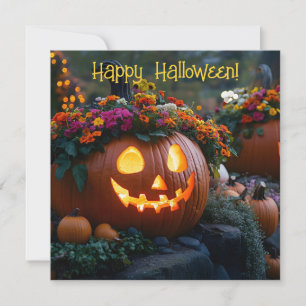 Skurna halloweenpumpor dekorerade med blommor julkort