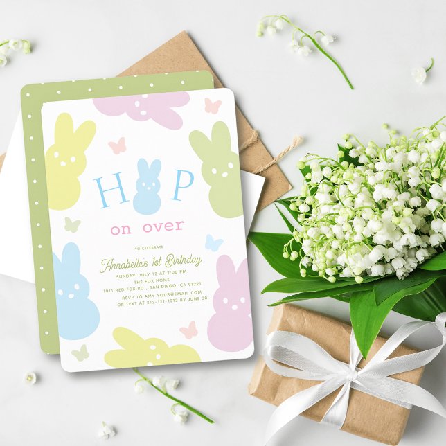 Skutt på Över Bunny & Butterfly 1:a födelsedagen Inbjudningar (Skapare uppladdad)