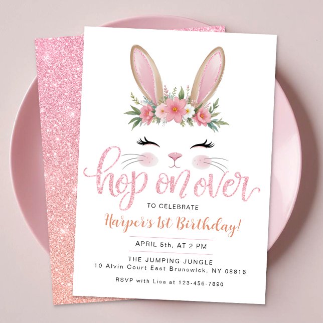 Skutt på över Födelsedagsfesten i cute Bunny Inbjudningar (Hop on over, birthday invite)
