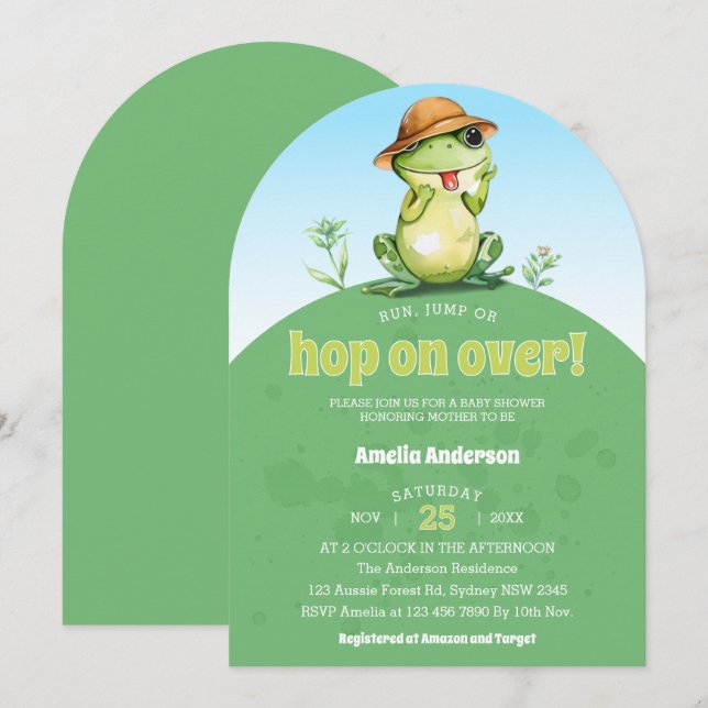 Skutt på över vattenfärgsgräddningen Frog Baby Sho Inbjudningar (Fram/baksida)