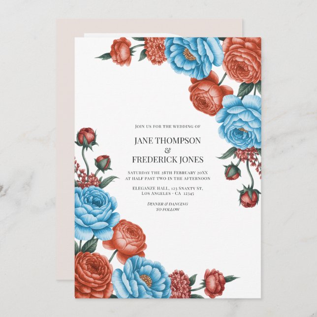 Sky Blue and Terracotta Watercolor Floral Wedding Inbjudningar (Fram/baksida)