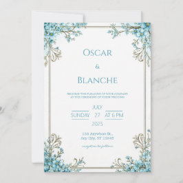Sky Blue Blossom Elegant Gold Frame Wedding Inbjudningar
