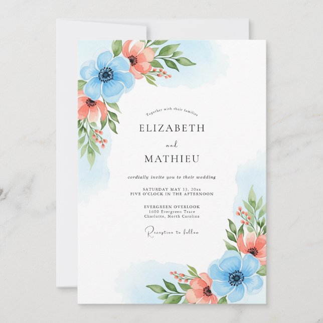 Sky Blue Coral Bloom Wedding Inbjudningar (Framsida)