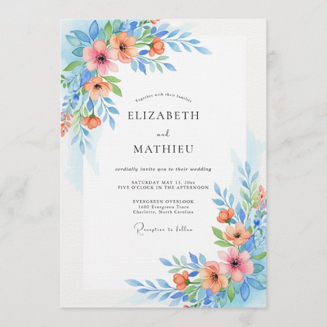 Sky Blue Floral Whimsy Wedding Inbjudningar (Framsida)