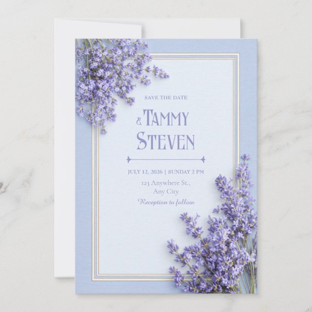 Sky Blue French Lavender Gold Frame Wedding Inbjudningar (Framsida)