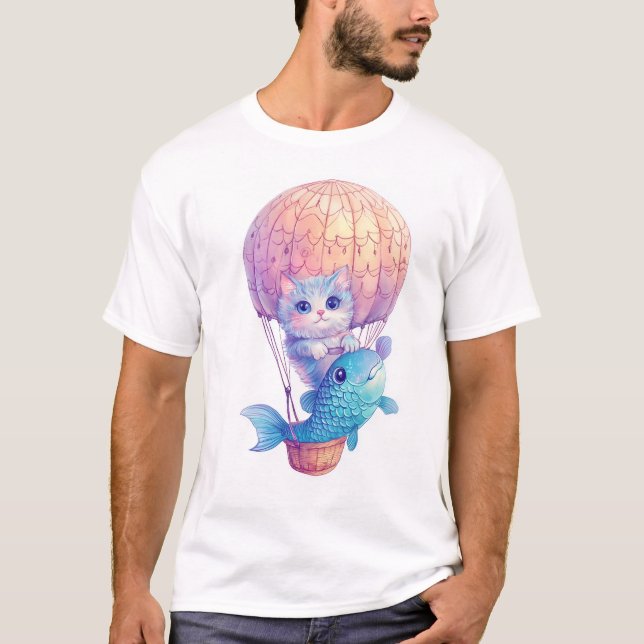 Sky High Kitty � Cute Whimsical Cat Adventure T Shirt (Framsida)