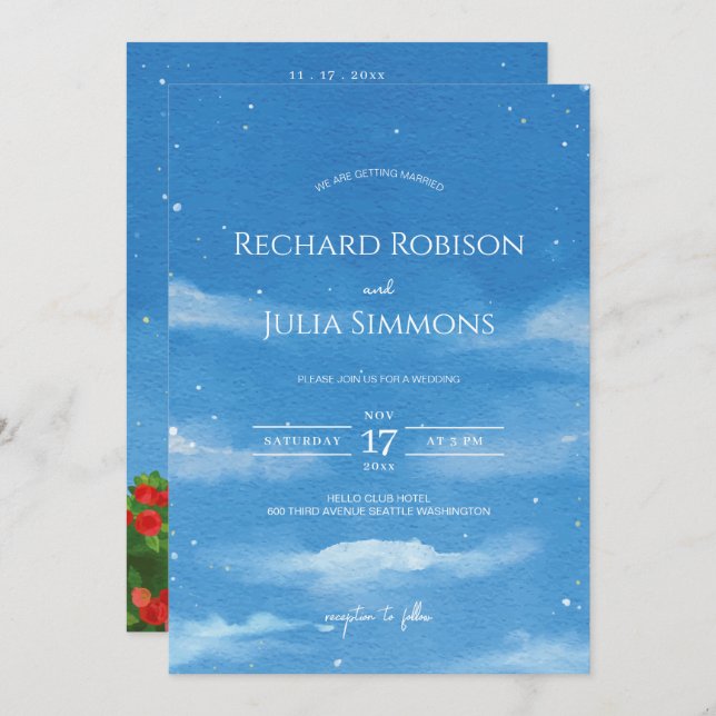 SKY Save The Date-inbjudan /Vattenfärgs himmel mol Spara Datumet (Fram/baksida)