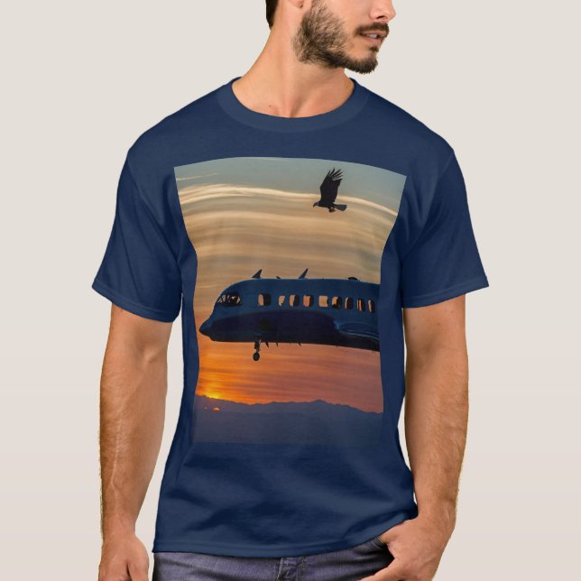 "Skybound Shadows - Eagle & Flygplan Sunset Tee" T Shirt (Framsida)