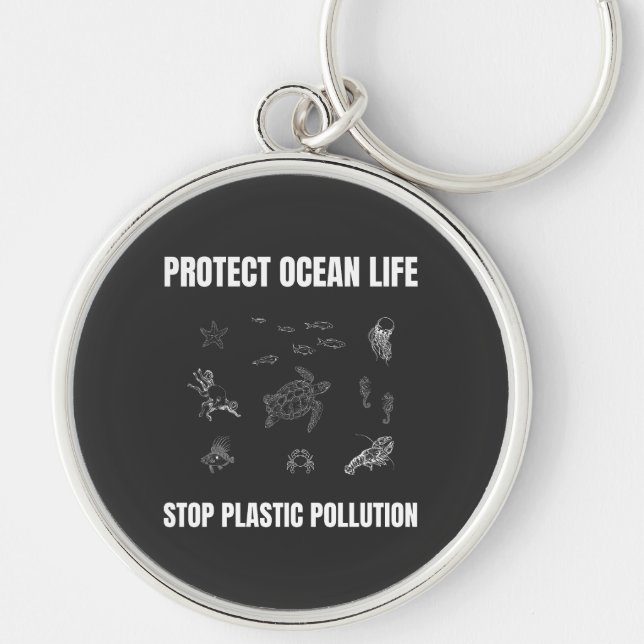 Skydda havets liv stoppa plastföroreningen rund silverfärgad nyckelring (Framsidan)