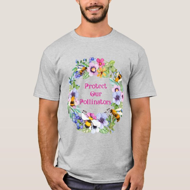 Skydda Våra Pollinatörer Bin Blommor T Shirt (Framsida)