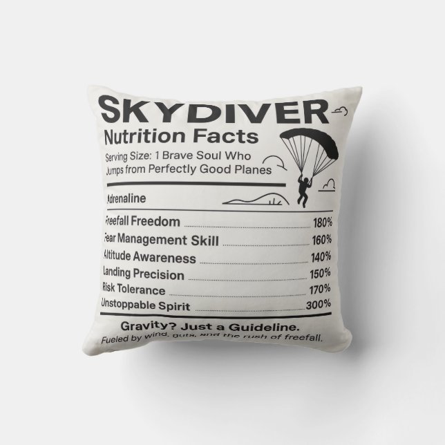 Skydiver Nutrition Facts Throw Pillow Gift for Sky Kudde (Baksida)