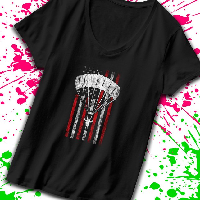 Skydiver Silhouette - Skydiving American Flagga -  T Shirt (Show off your passion for the skies with our classic American flag t-shirt! -Teemixer)