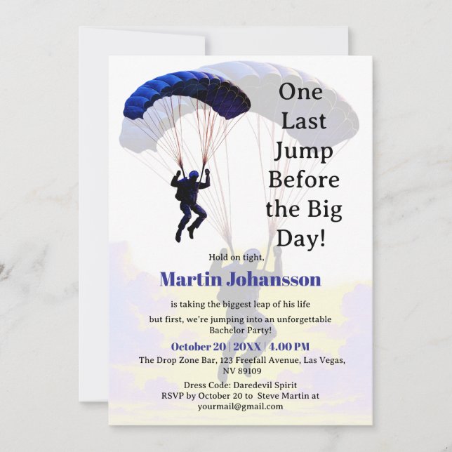 Skydiving Bachelor Party Funny Äventyr Theme Inbjudningar (Framsida)