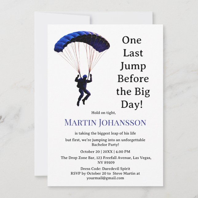 Skydiving Bachelor Party Funny Äventyr Theme Inbjudningar (Framsida)