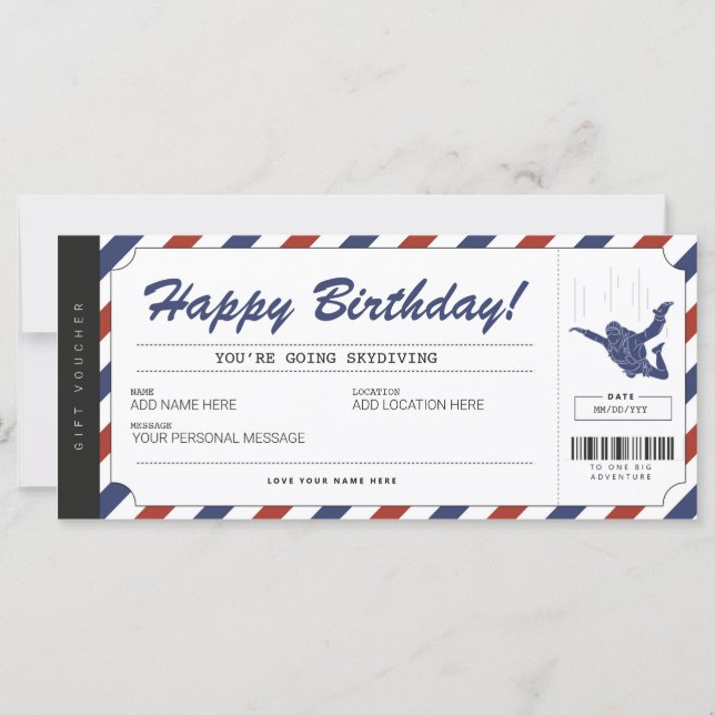 Skydiving Birthday Gift Biljett Voucher Certificat (Framsida)