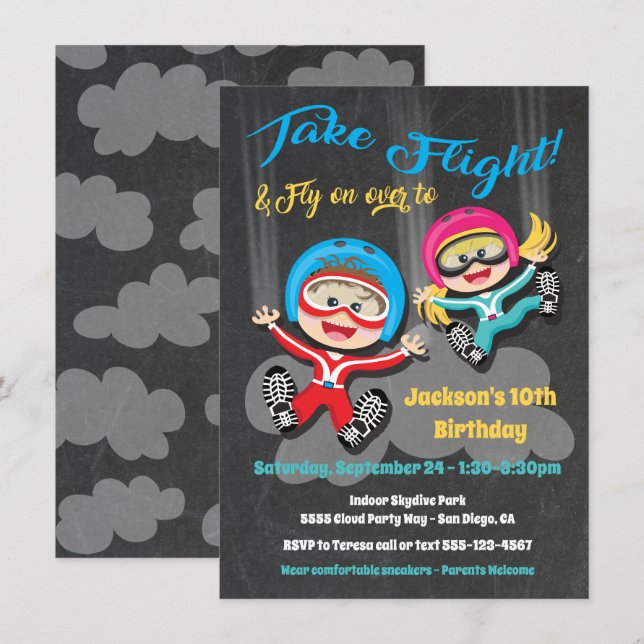 Skydiving födelsedagsfest inbjudan (Fram/baksida)