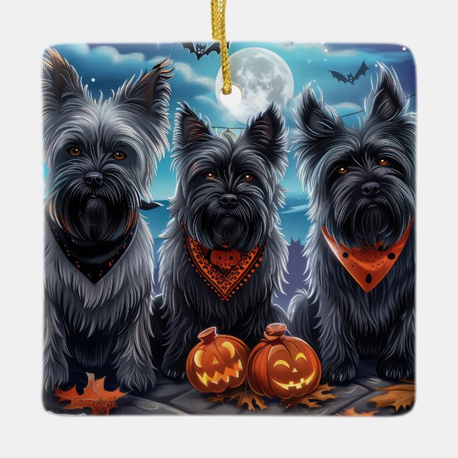 Skye Terrier Halloween Spooky Julgransprydnad Keramik (Framsida)