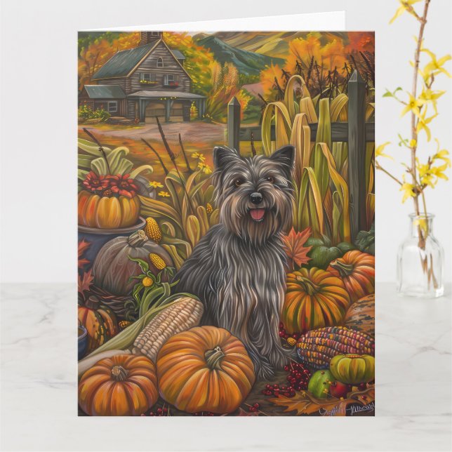 Skye Terrier Hund Höstskörd Tacksägelse Kort (Gul blomma)