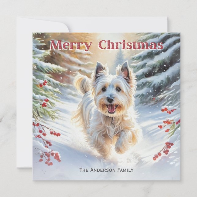 Skye Terrier Hund I Snö God Jul Julkort (Framsida)
