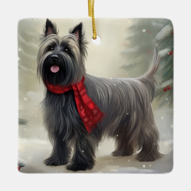 Skye Terrier Hund i Snö jul Julgransprydnad Keramik (Framsida)