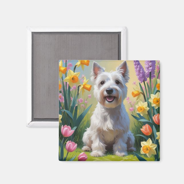 Skye Terrier Hund Vårblommor Målning Magnet (Front/Back)