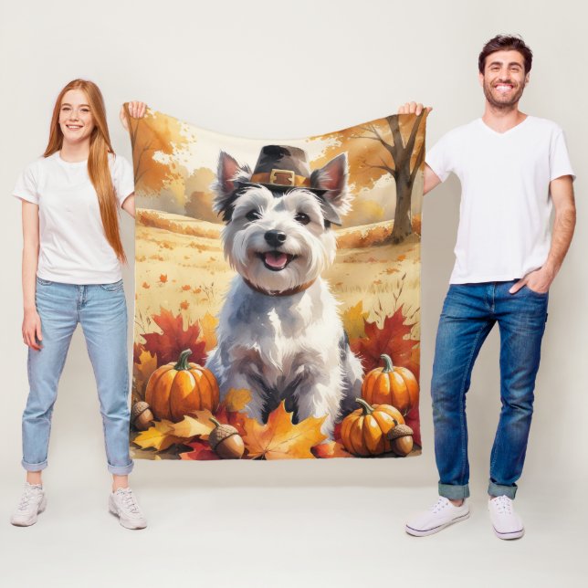 Skye Terrier i Höst löv Thanksgiving Art Fleecefilt (På plats)