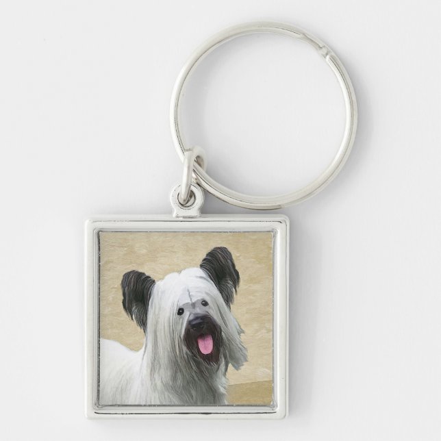 Skye Terrier-målning - Cute Original Hund Art Fyrkantig Silverfärgad Nyckelring (Framsidan)
