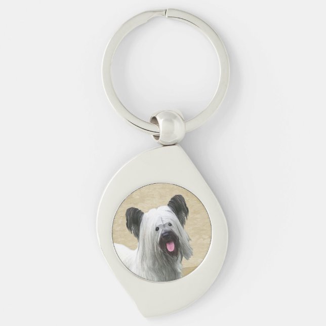 Skye Terrier-målning - Cute Original Hund Art Swirl Silverfärgad Nyckelring (Framsidan)