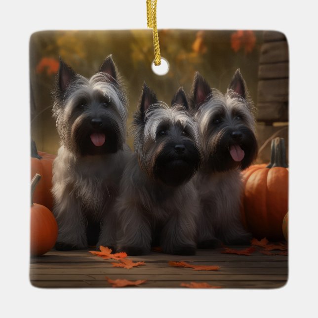 Skye Terrier Puppy Autumn Delight Pumpkin Julgransprydnad Keramik (Framsida)