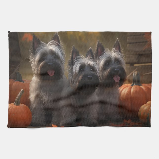Skye Terrier Puppy Autumn Delight Pumpkin Kökshandduk (Horisontell)