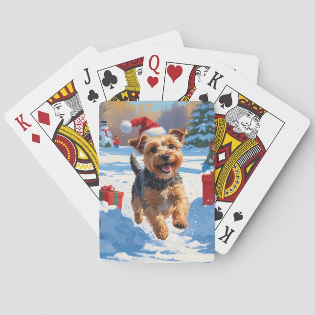 Skye Terrier springer i snö med julhatt Casinokort (Baksidan)