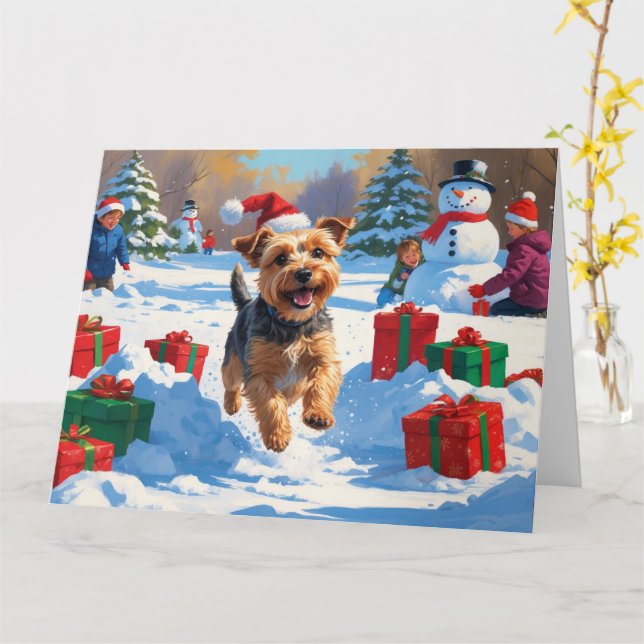 Skye Terrier springer i snö med julhatt Kort (Gul blomma)