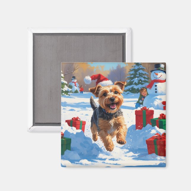 Skye Terrier springer i snö med julhatt Magnet (Front/Back)