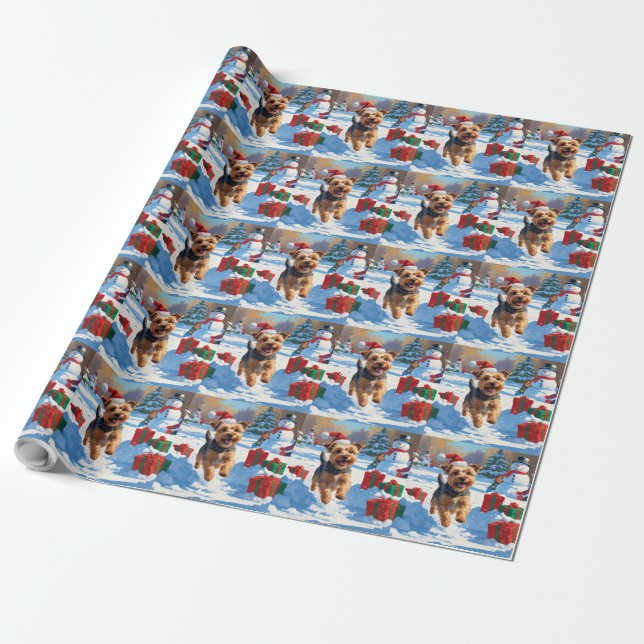 Skye Terrier springer i snö med julhatt Presentpapper (Utrullad)