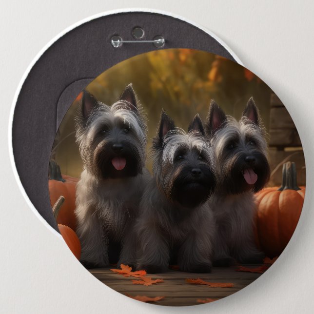 Skye Terrier Valp Höstglädje Pumpa Knapp (Framsida & baksida)