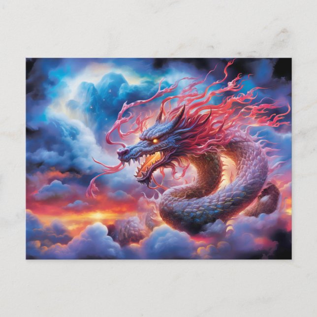 Skyfire Surge – Chinese Airbrush Dragon in Clouds  Vykort (Framsida)