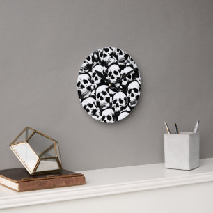 skygg döskallar mönster, skräck mörk konst rund klocka