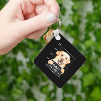 Skyldig Mugshot Svart Labrador Retriever Hund Trän Nyckelring
