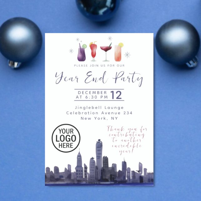 Skyline Company Year End Party-inbjudan Inbjudningar (Watercolor Corporate Year End Party Invitation)