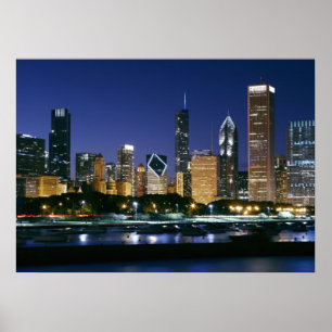 Skyline of Downtown Chicago på natten Poster