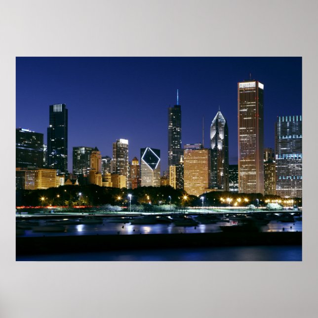 Skyline of Downtown Chicago på natten Poster (Framsidan)