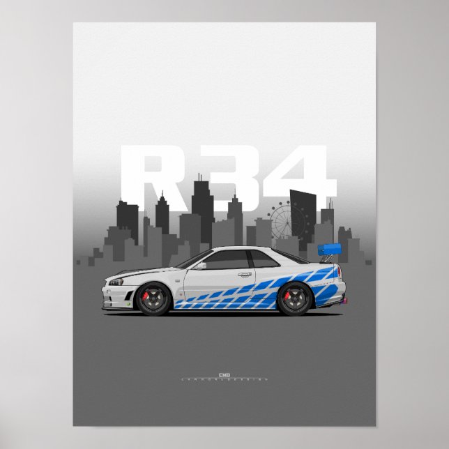 Skyline R34 Japansk Prestandabil Illustration Poster (Framsidan)