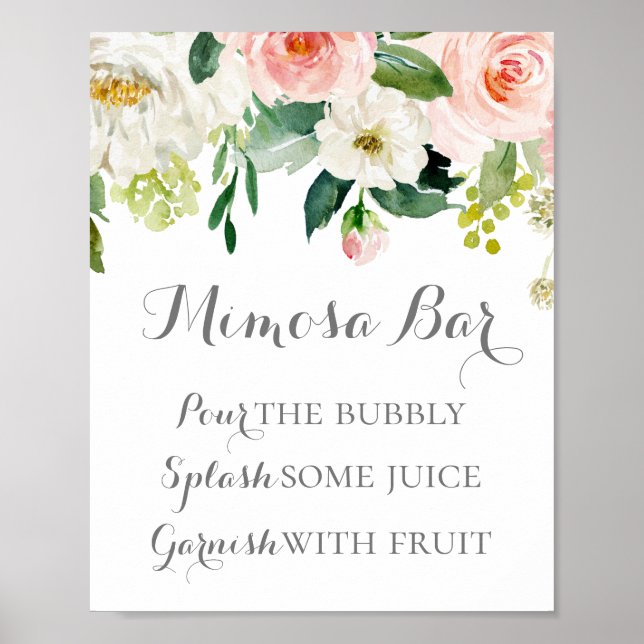 Skylt Affisch för Rosa och Vit Blomma Mimosa Bar (Framsidan)