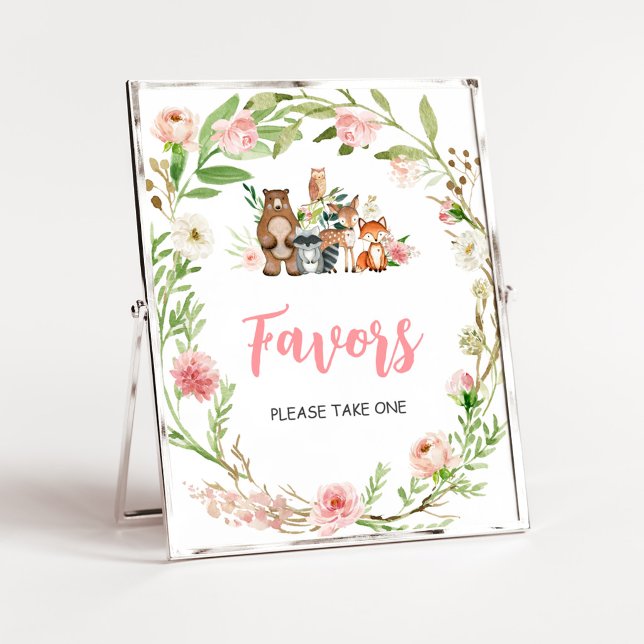 Skylt för babyfirande med rosa blommor och skogste (Girl Woodland Animals Baby Shower Favors Sign)