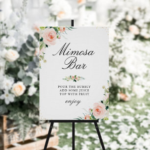 Skylt för bröllopsfest med rosa blomster och Mimos