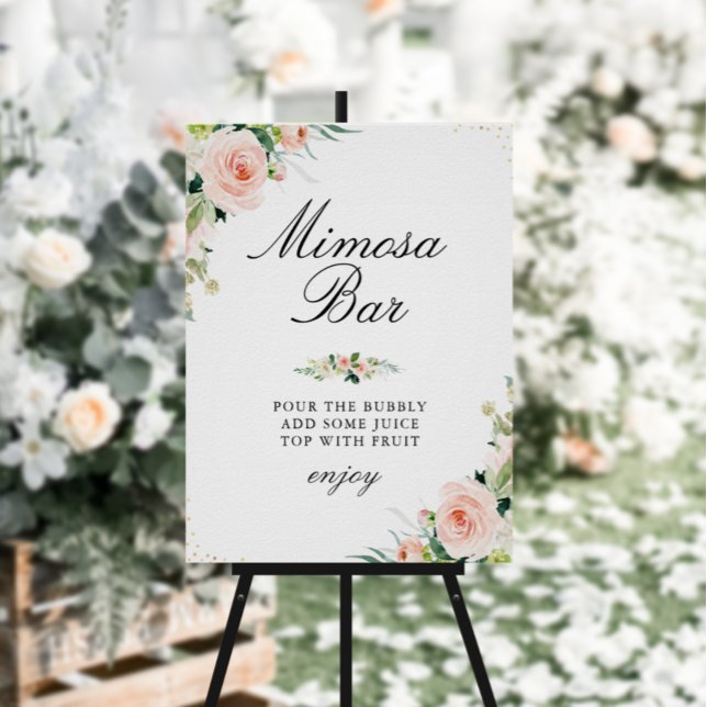 Skylt för bröllopsfest med rosa blomster och Mimos (Skapare uppladdad)